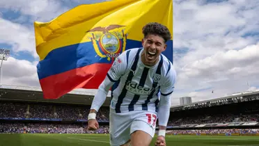 Jeremy Sarmiento con la bandera de Ecuador, celebra su gol. 