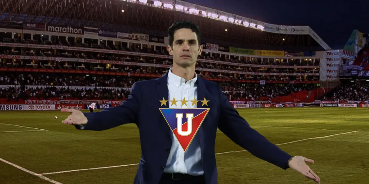 Josep Alcácer dirigiendo, escudo de Liga de Quito. Foto tomada de: API