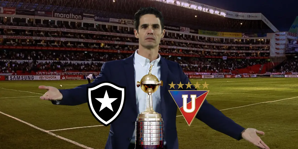 Josep Alcácer reclamando, escudos de Botafogo y LDU y Copa Libertadores. Foto tomada de: Liga de Quito/PESLogos