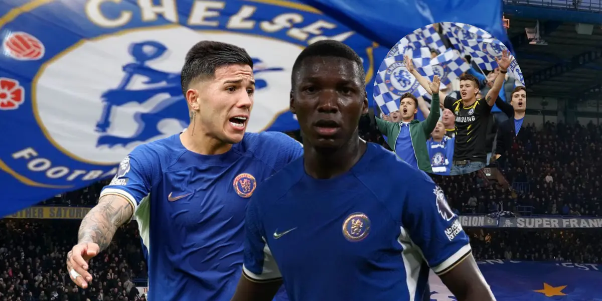 Moisés Caicedo y Enzo Fernandez tristes con los hinchas del Chelsea