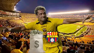 Rolando Zárate celebrando, dinero, escudo Barcelona SC. Foto tomada de: El Universo