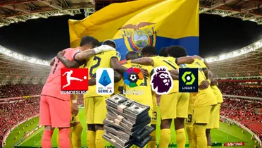 Selección Ecuador abrazada, badera Ecuador, dinero, Ligas de Europa. Foto tomada de: La Tri