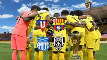 Selección Ecuador abrazados, escudos equipos LDU, BSC, IDV y Emelec, Copa del Mundo. Foto tomada de: La Tri/PES Logos