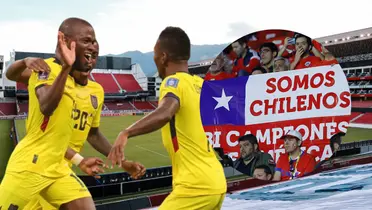 Selección ecuatoriana y los hinchas chilenos en el Estadio Rodrigo Paz (Foto tomada de: ESPN/Emol/La Tri)