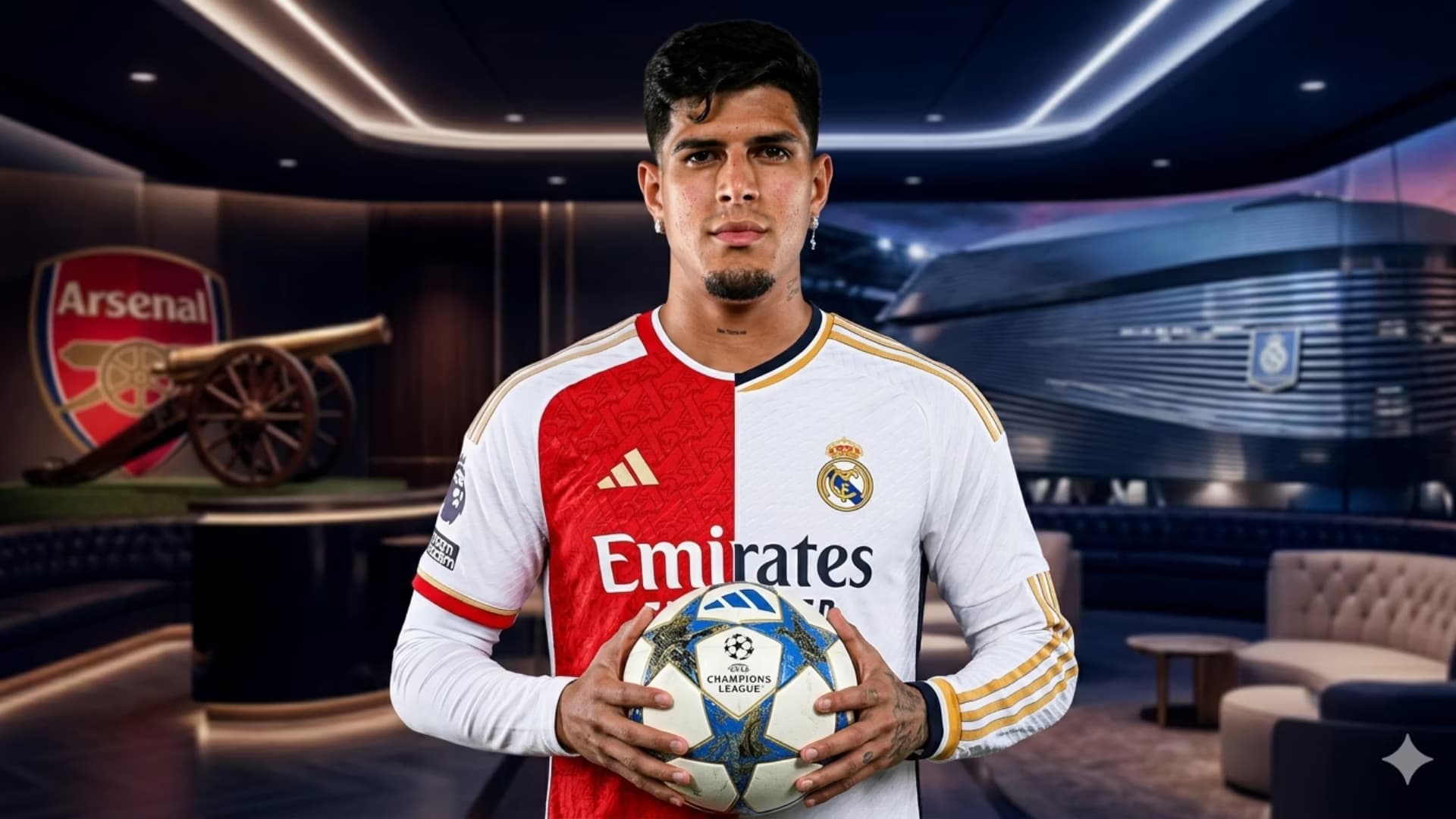 Piero Hincapié con la camiseta del Arsenal y Real Madrid