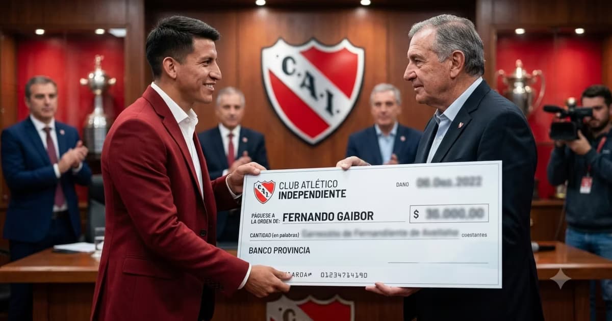 Fernando Gaibor recibiendo un cheque de Independiente