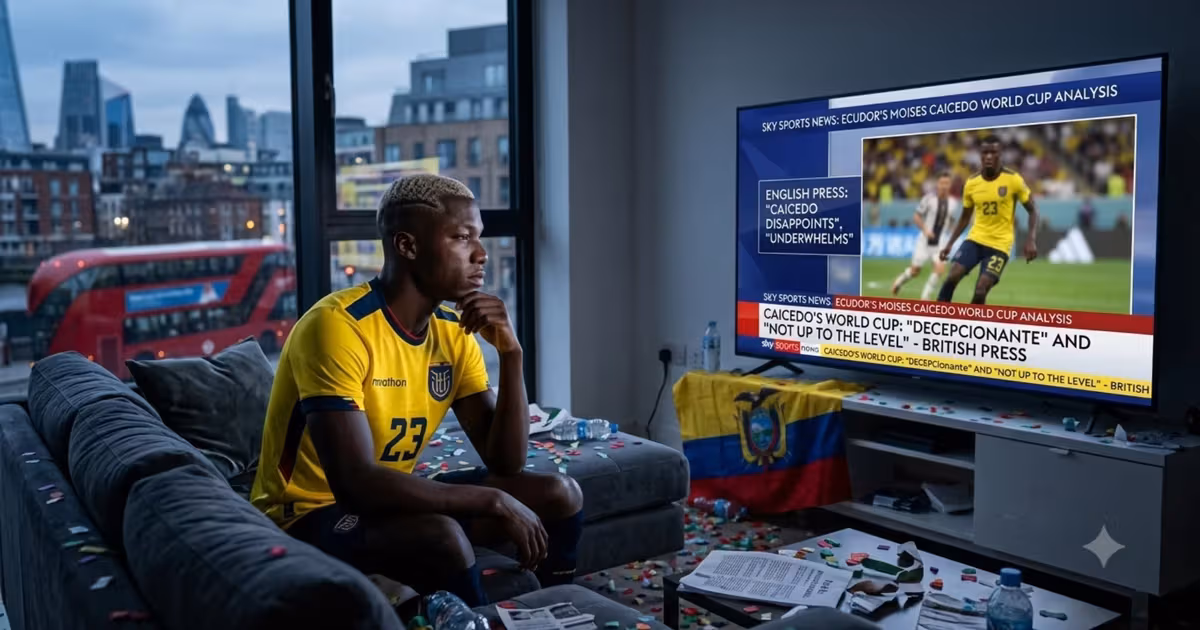Moisés Caicedo viendo las criticas de la prensa inglesa