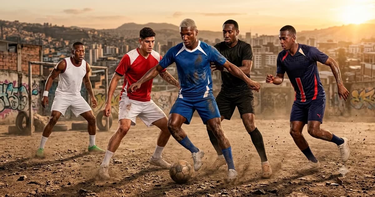 Jugadores ecuatorianos jugando fútbol en tierra