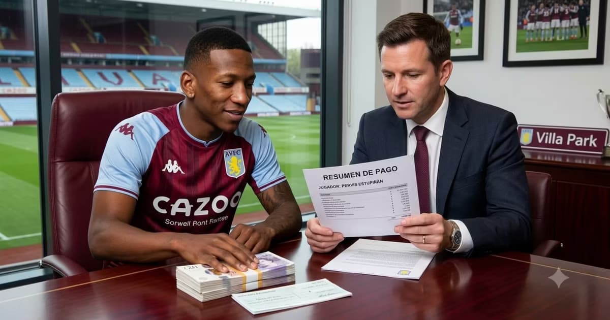 Pervis Estupiñán firmando con el Aston Villa
