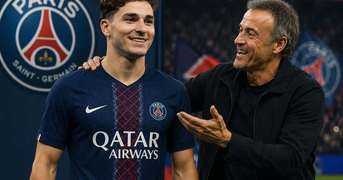 Julián Álvarez y Luis Enrique en el PSG