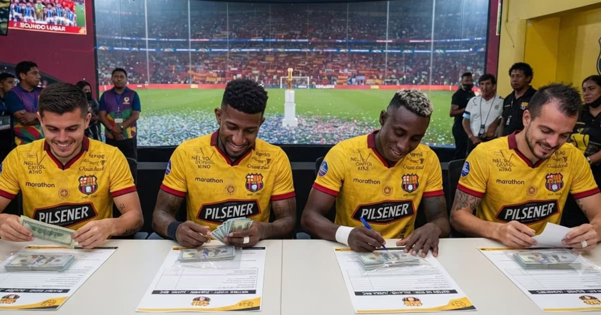 Los jugadores de Barcelona SC recibiendo su salario