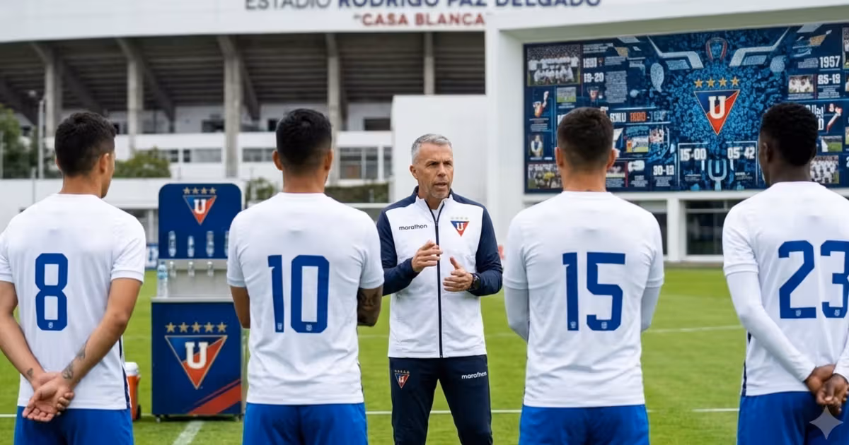Gustavo Alvarez reunido con jugadores de LDU