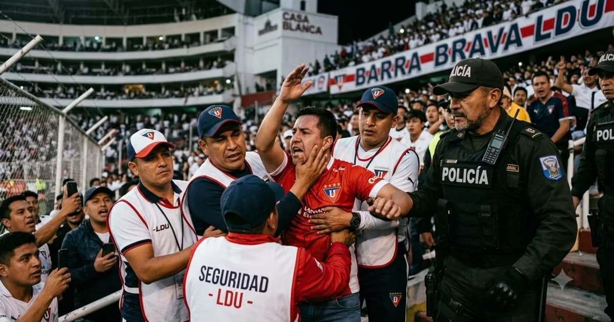 La seguridad de LDU sacando a un hincha