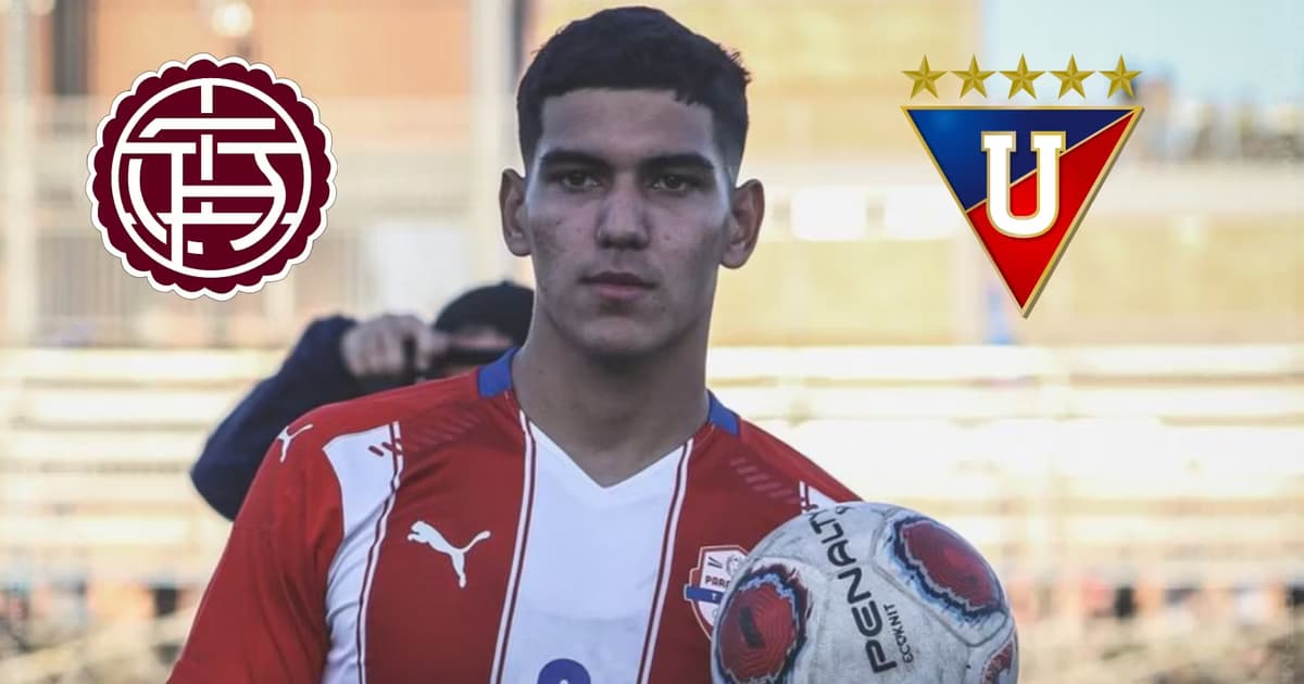 Allan Wlk con los escudos de LDU y Lanús