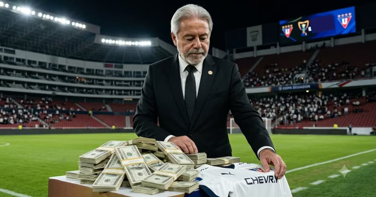 Isaac Alvarez y una pila de dinero con la camiseta de LDU