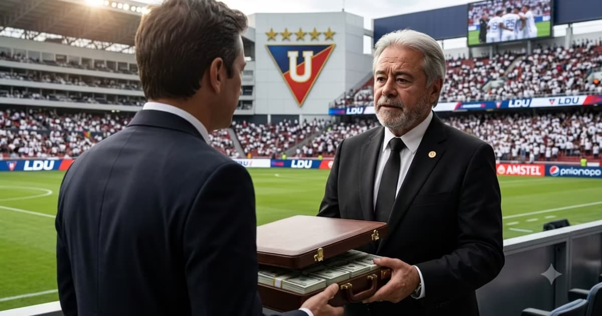 Isaac Alvarez recibiendo dinero en el estadio de LDU