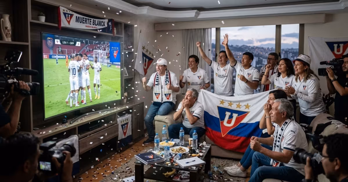 Los hinchas de LDU viendo al equipo por tv