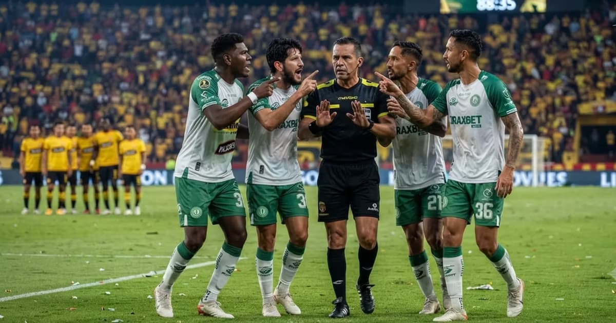 Los jugadores de LDU de Portoviejo reclamando