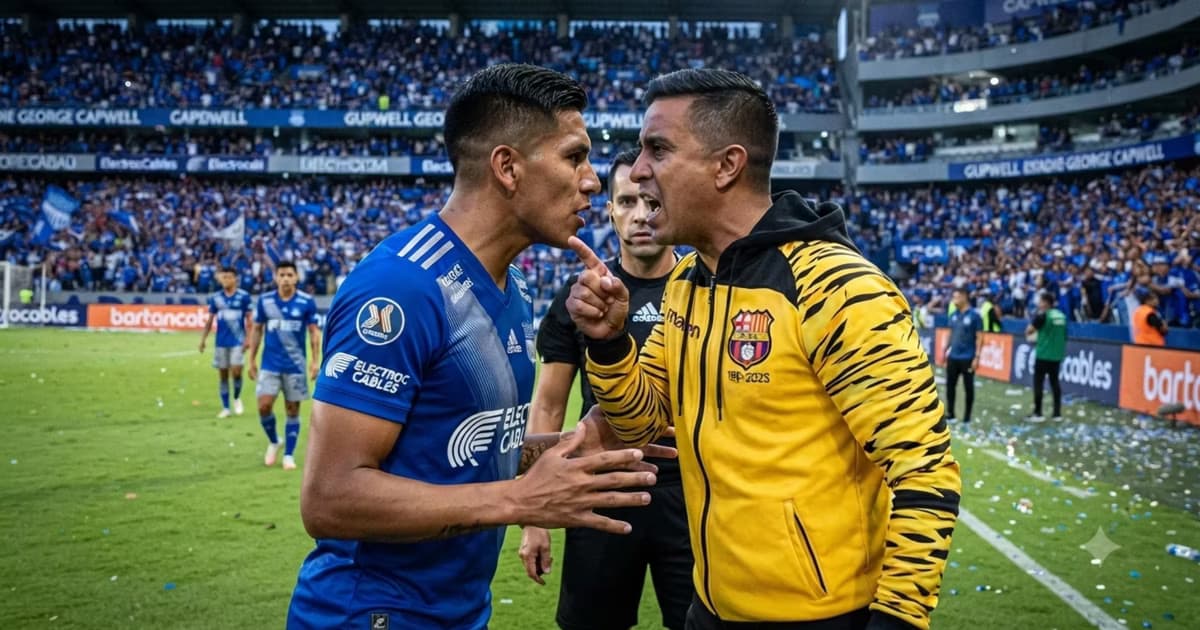 César Farías encarándose con un jugador de Emelec