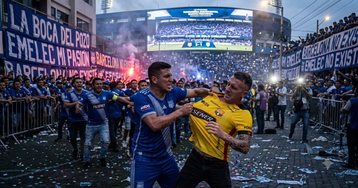 Un hincha de Emelec rompiendo la camiseta de un hincha de BSC