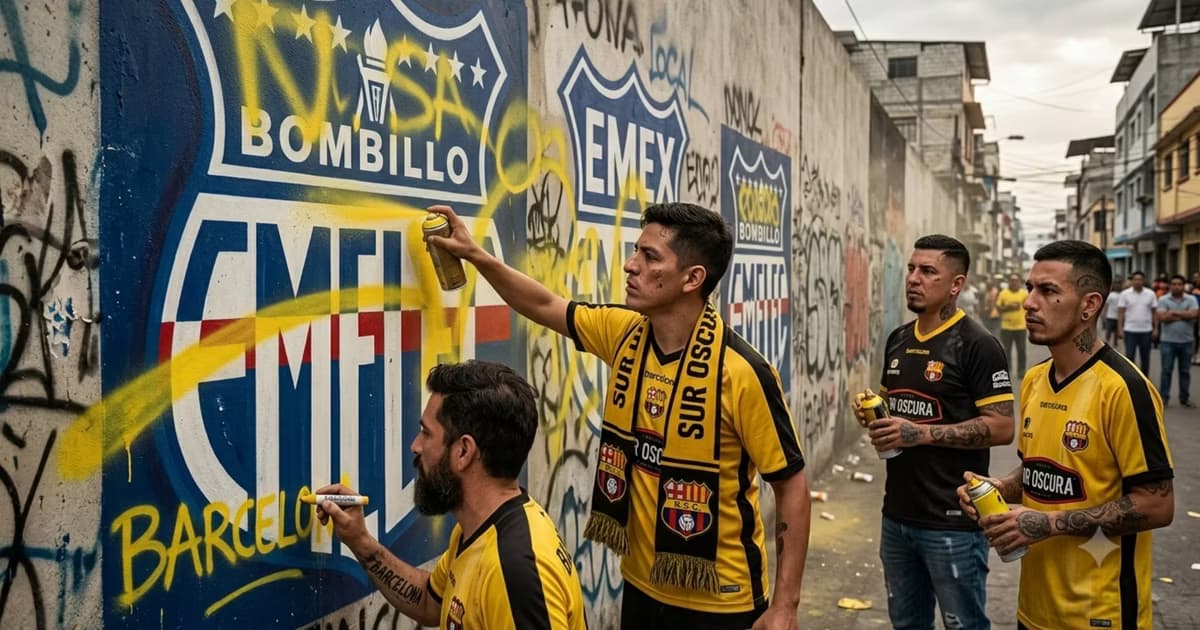 Hinchas de Barcelona SC pintando murales de Emelec