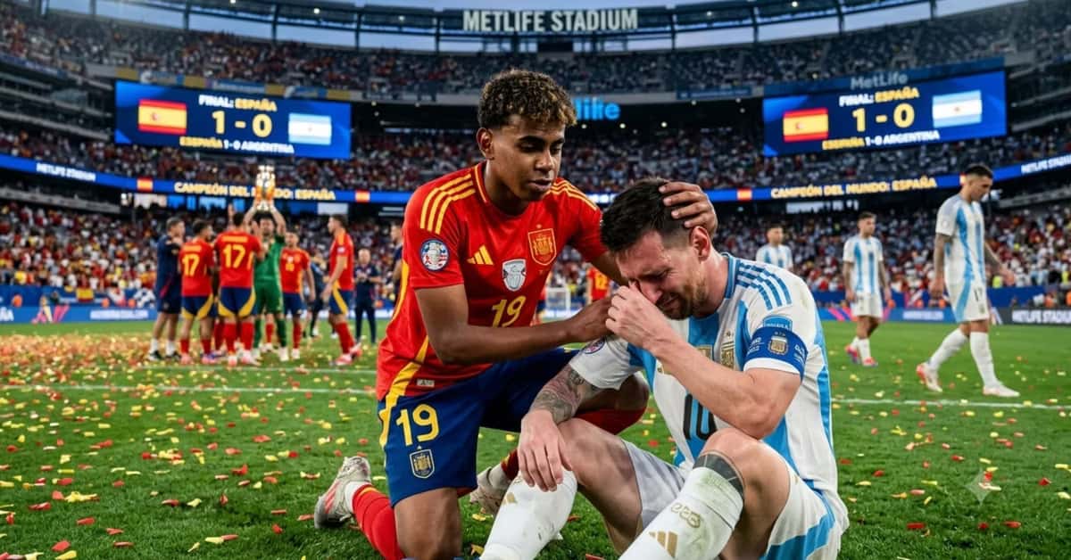 Lamine Yamal consolando a Lionel Messi