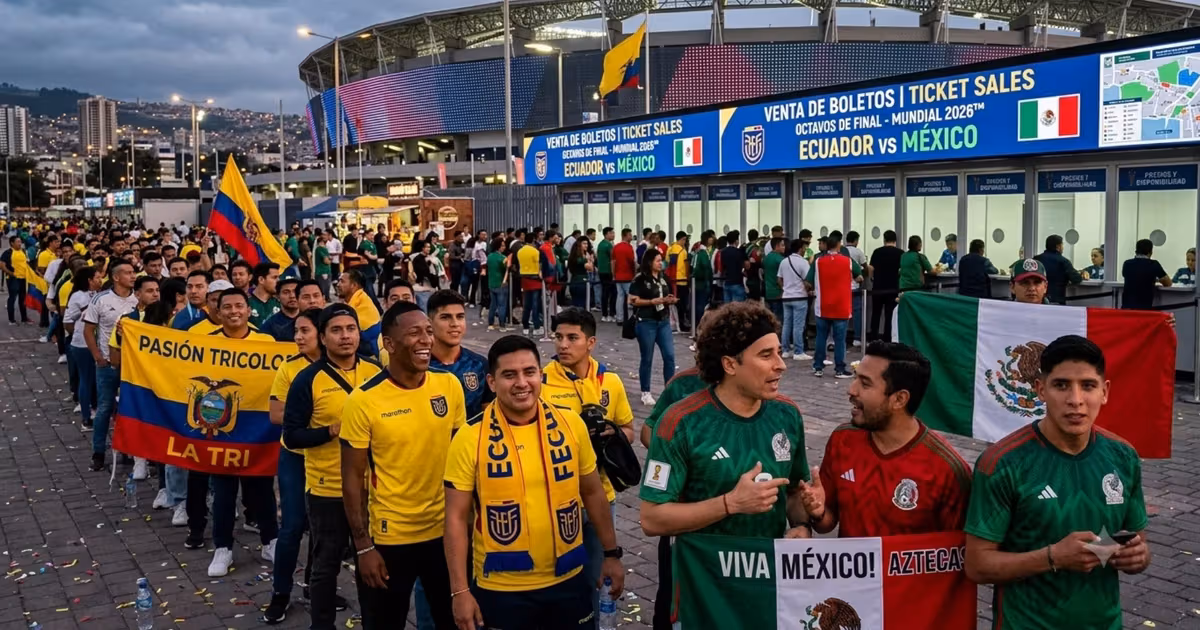 Aficionados mexicanos y ecuatorianos afuera del estadio