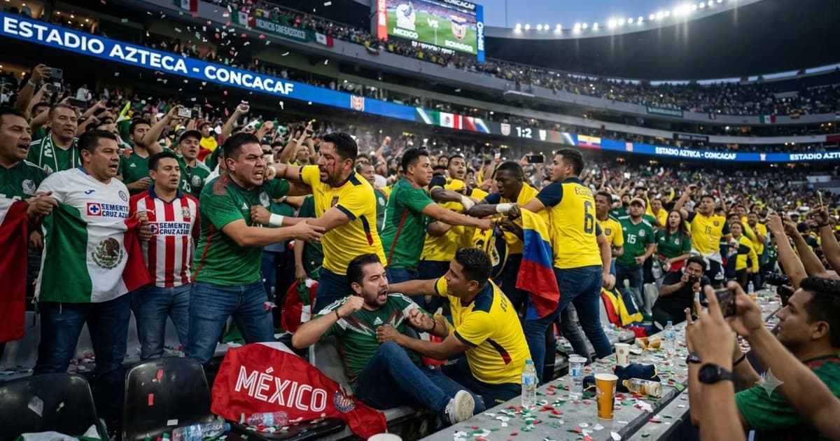 Hinchas mexicanos y ecuatorianos peleando