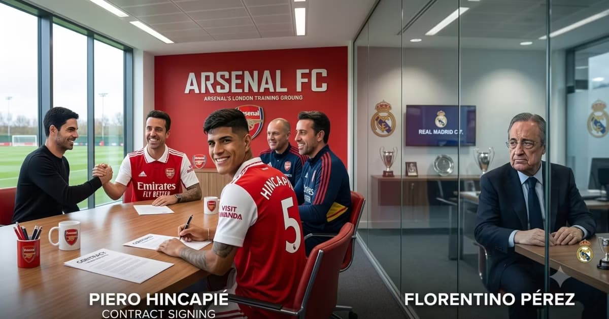 Piero Hincapié firmando con el Arsenal