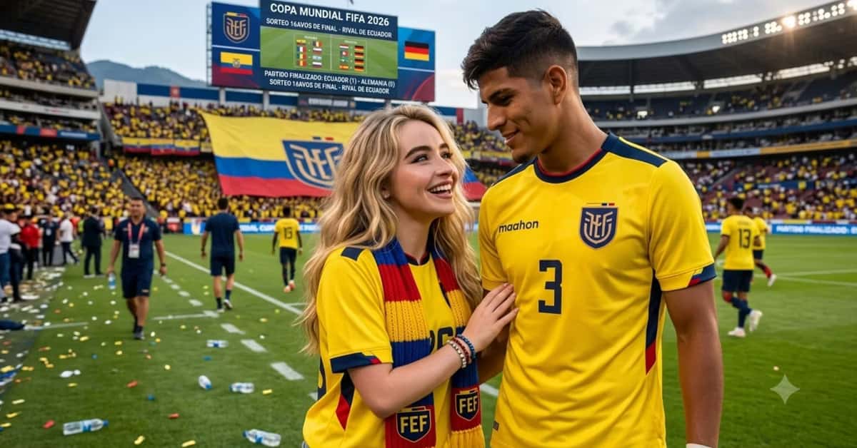 Sabrina Carpenter y Piero Hincapié con la camiseta de la TRI