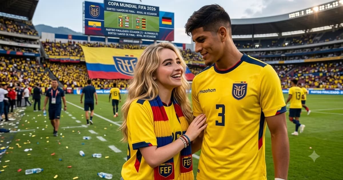 Sabrina Carpenter y Piero Hincapié con la camiseta de la TRI