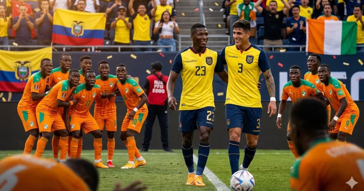 Piero Hincapié y Moisés Caicedo en medio los jugadores de Costa de Marfil