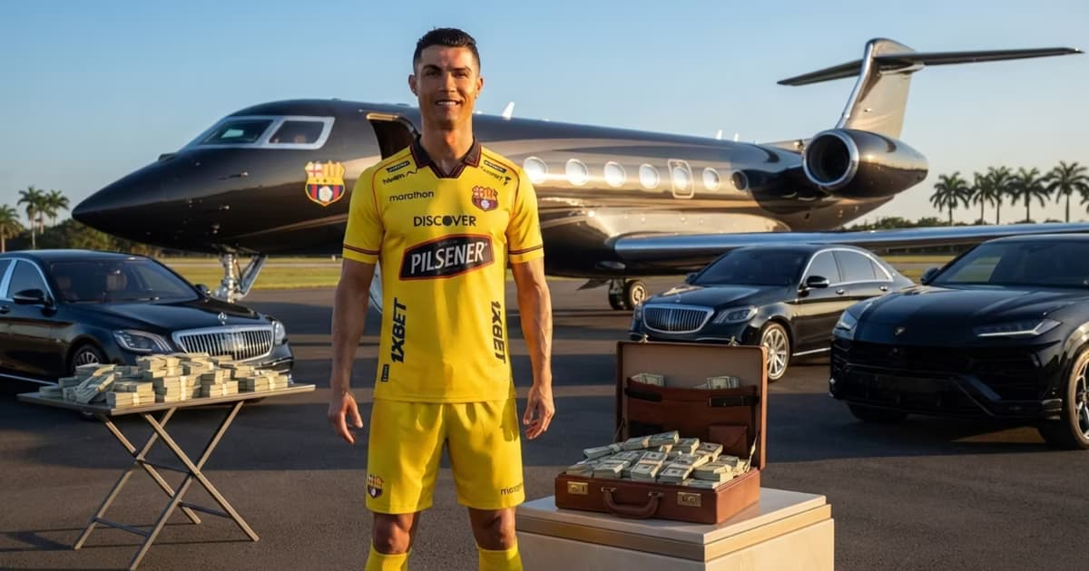 Cristiano Ronaldo con la camiseta de Barcelona SC y con autos detrás