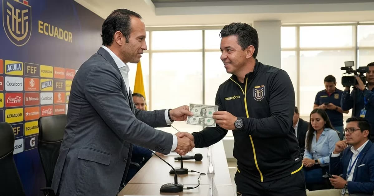 Marcelo Gallardo recibiendo 2 dólares de Francisco Egas