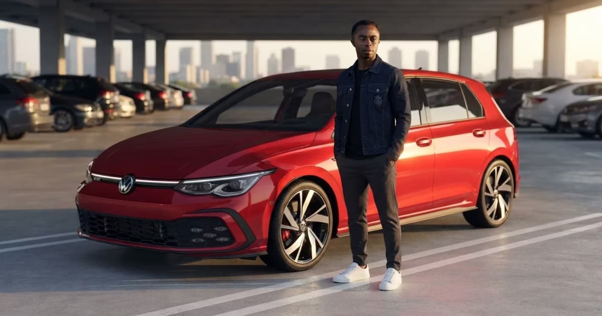 Christian Lara con su auto rojo