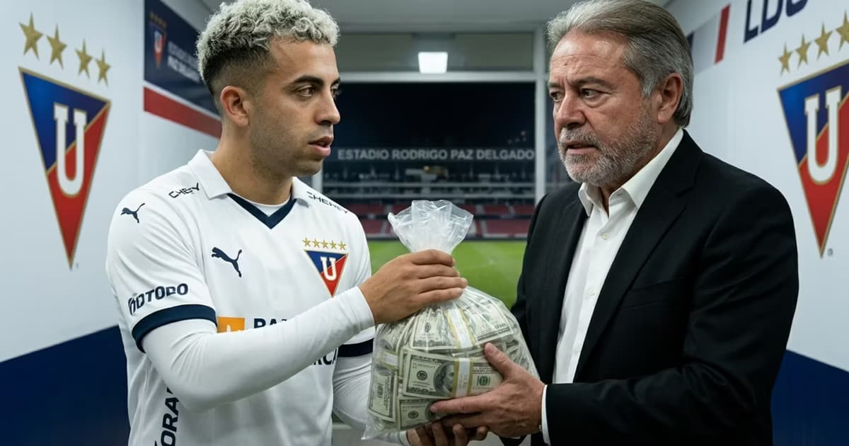 Lucas Rodríguez como jugador de LDU dándole dinero a Isaac Alvarez