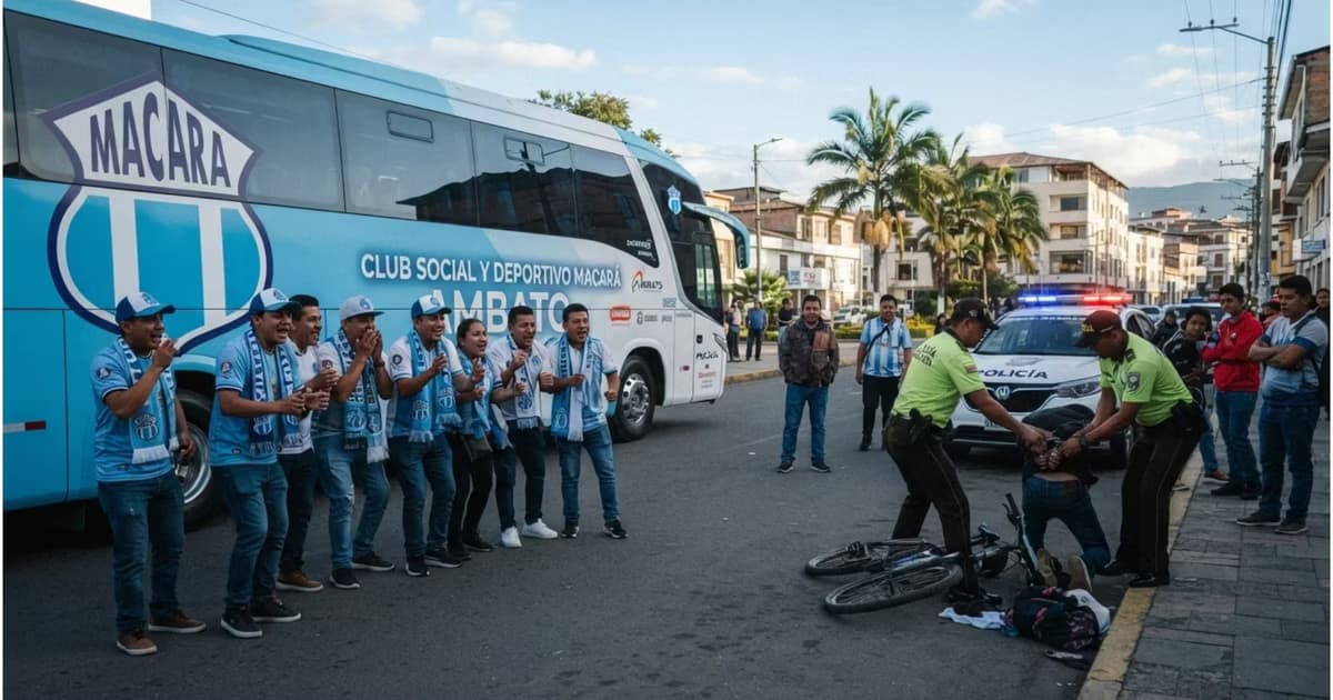 Hinchas del Macará viendo a policias