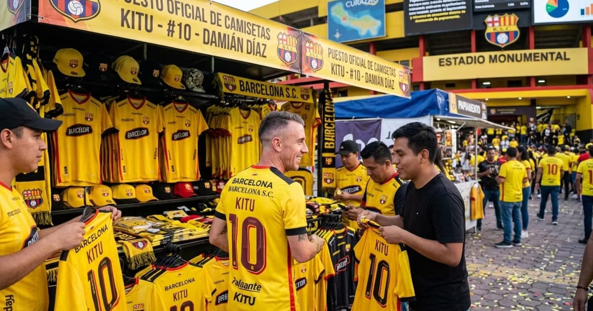 Damián Díaz vendiendo camisetas con BSC