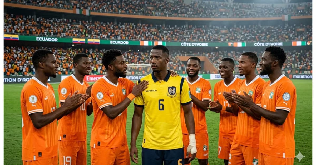 Willian Pacho en medio de los jugadores de Costa de Marfil