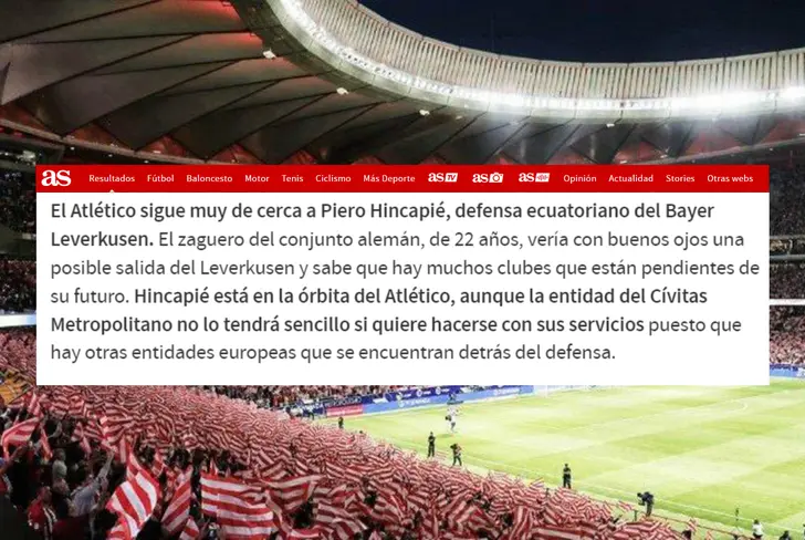 Artículo de Diario AS sobre el interés del Atlético de Madrid con Piero Hincapié