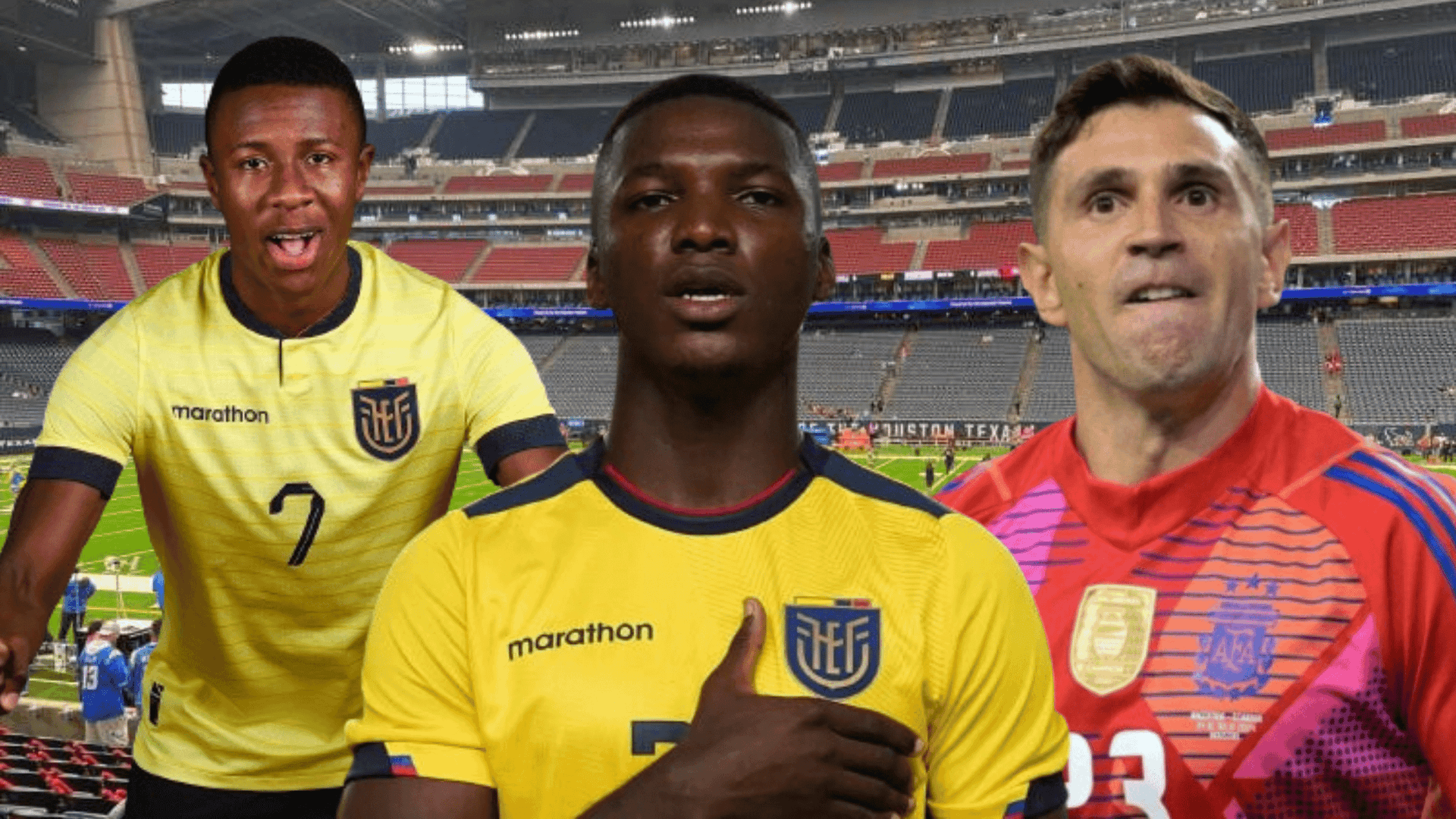 Alan Minda, Moisés Caicedo y Dibu Martínez (Foto tomada de: My Seat/AFP/El Canal del Fútbol/Moisés Caicedo)