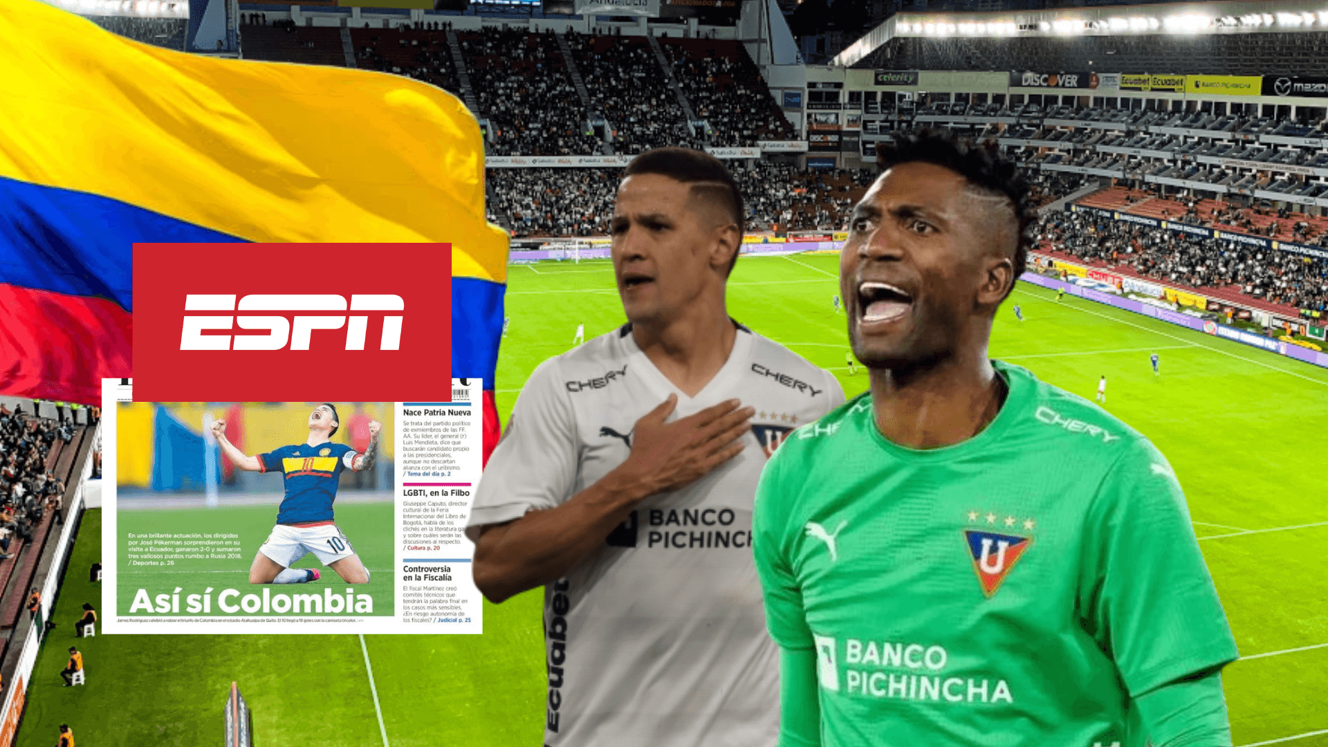 Alex Arce celebrando, Alexander Domínguez gritando, prensa Colombia, ESPN. Foto tomada de: ESPN/El Espectador