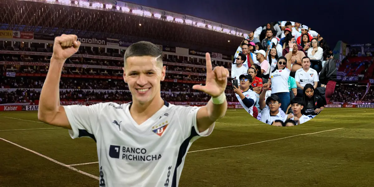 Alex Arce festejando el gol y aficionados de Liga de Quito felices
