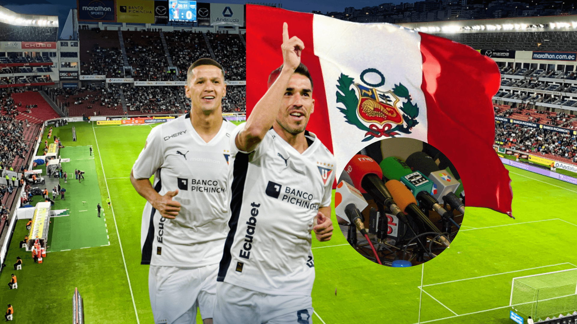 Alex Arce y Alzugaray en el estadio de LDU con la prensa peruana