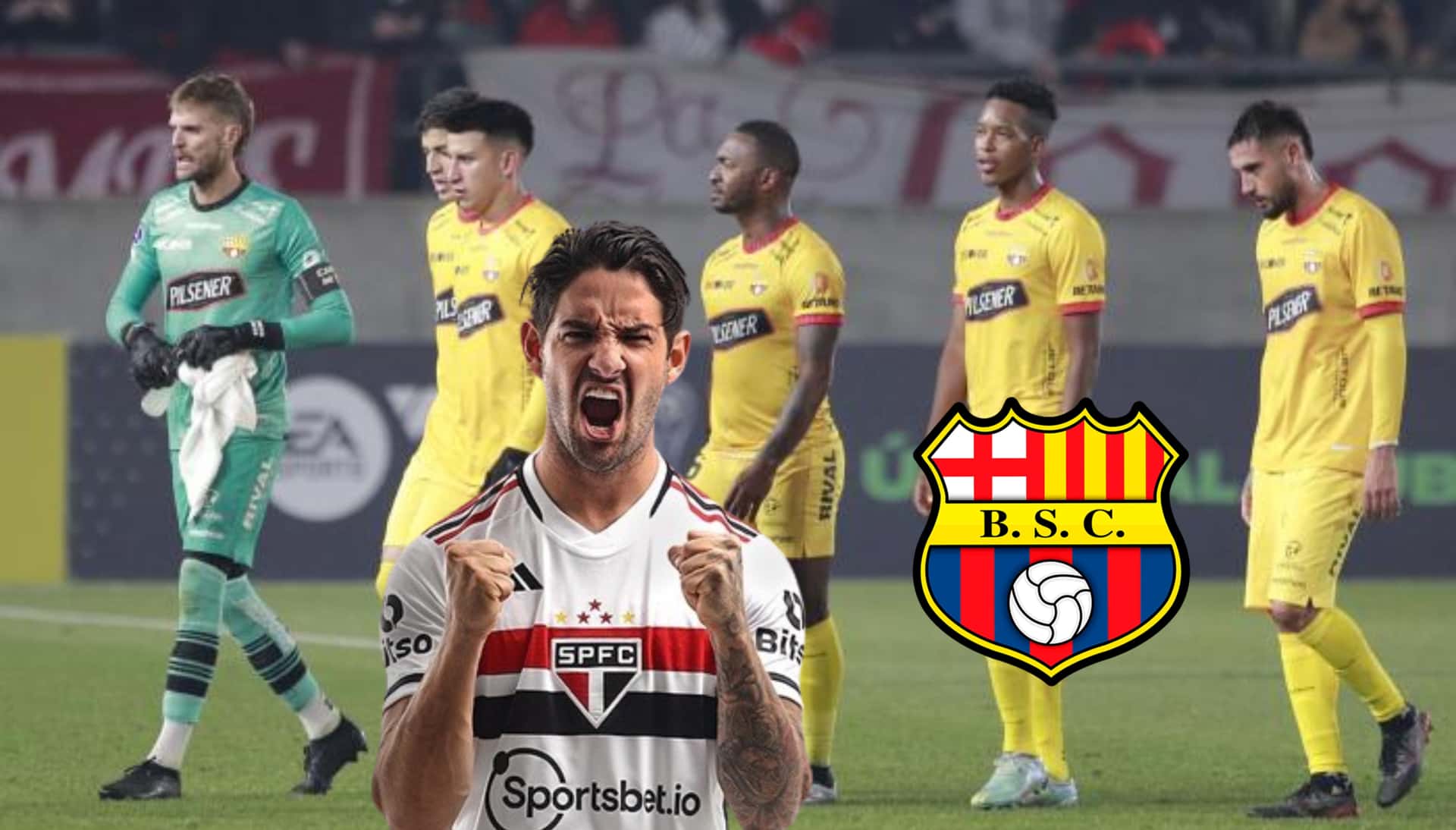 Alexandre Pato con el buzo de Sao Paulo, de fondo los jugadores del BSC.