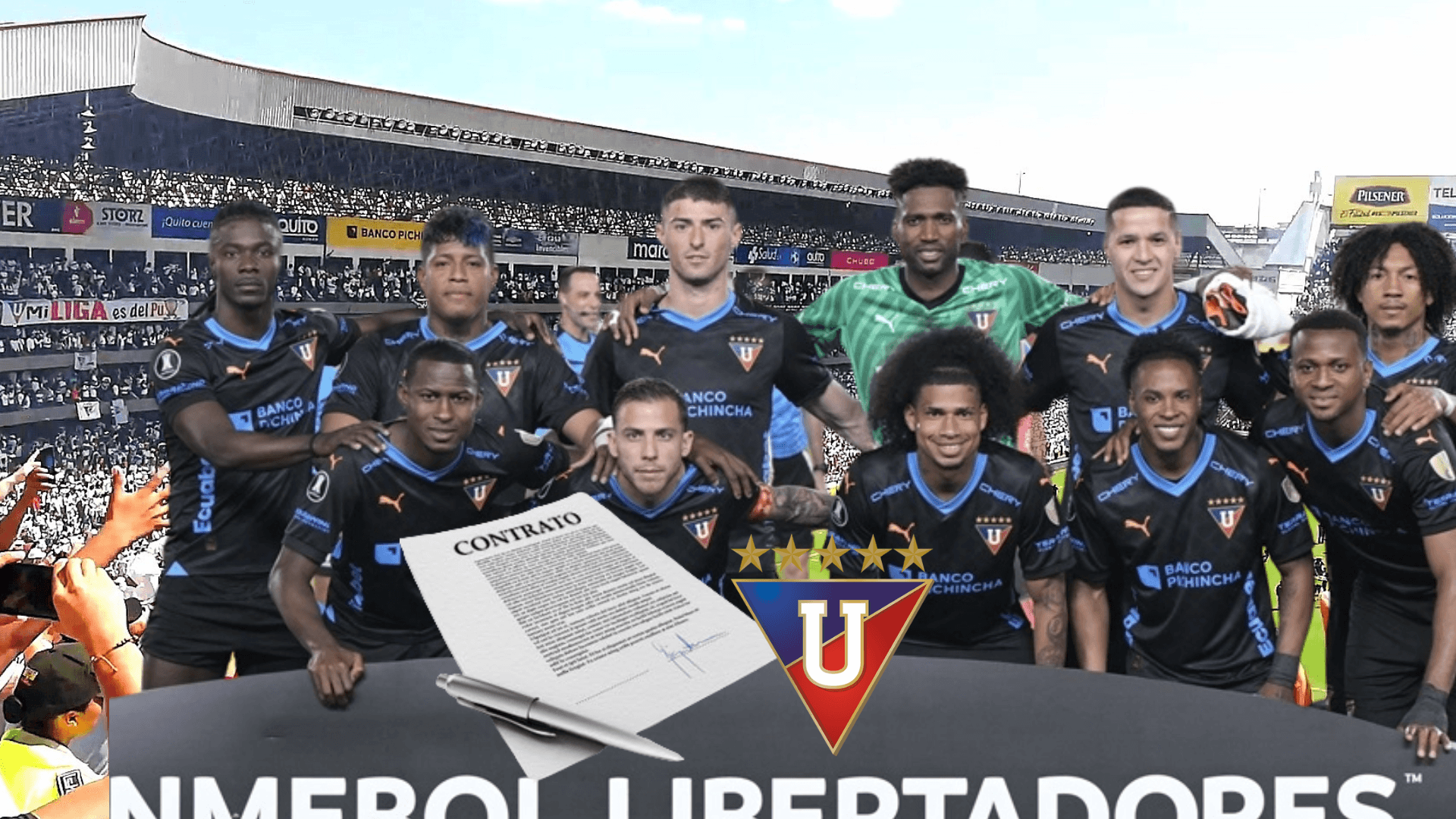 Alineación titular de Liga de Quito, escudo de LDU y contrato. Foto tomada de: Conmebol/PESLogos