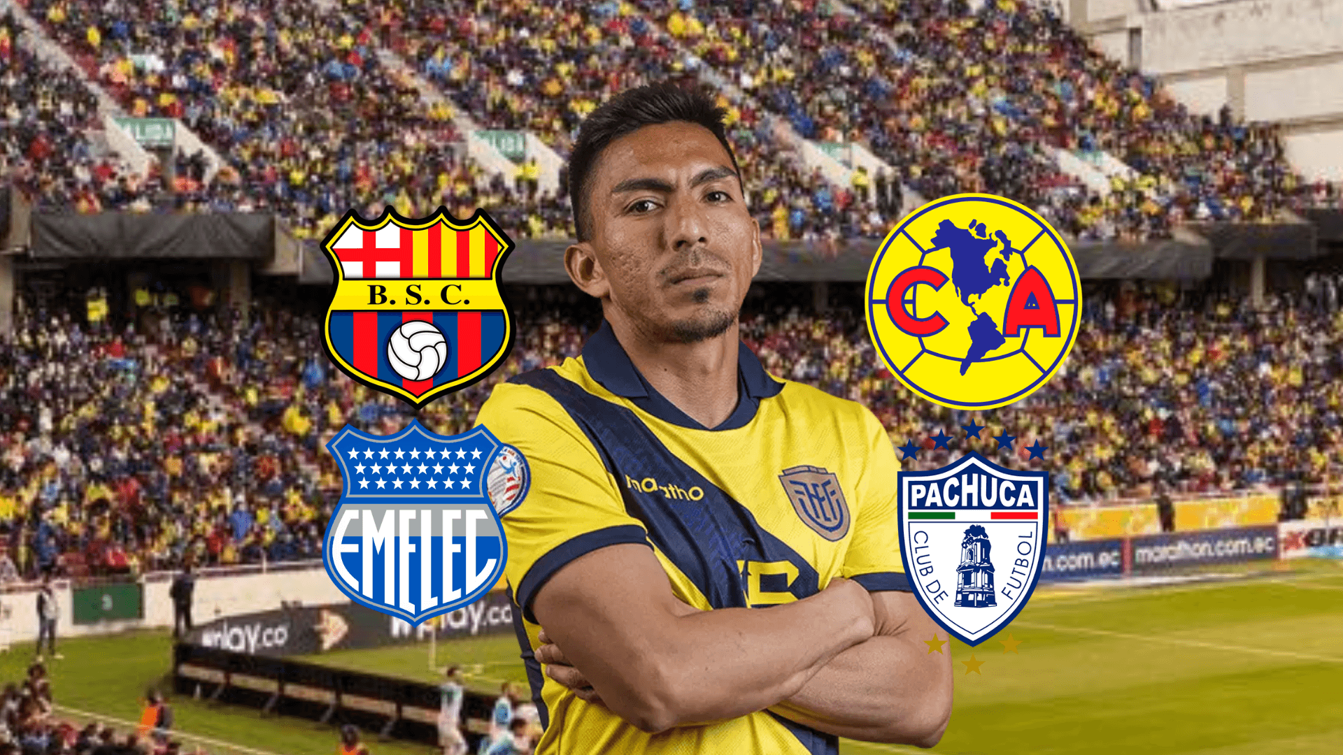 Ángel Mena, escudos BSC, Emelec, América, Pachuca. Foto tomada de: La Tri/PesLogos