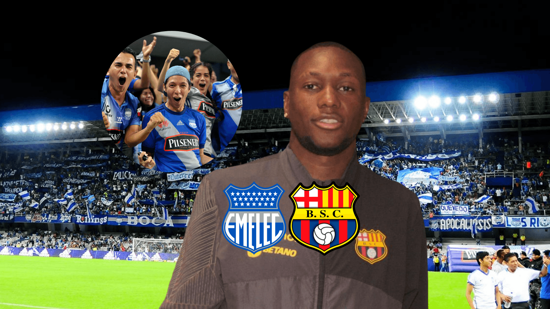 Aníbal Chalá, escudos Emelec y BSC, hinchas de Emelec. Foto tomada de: Expreso