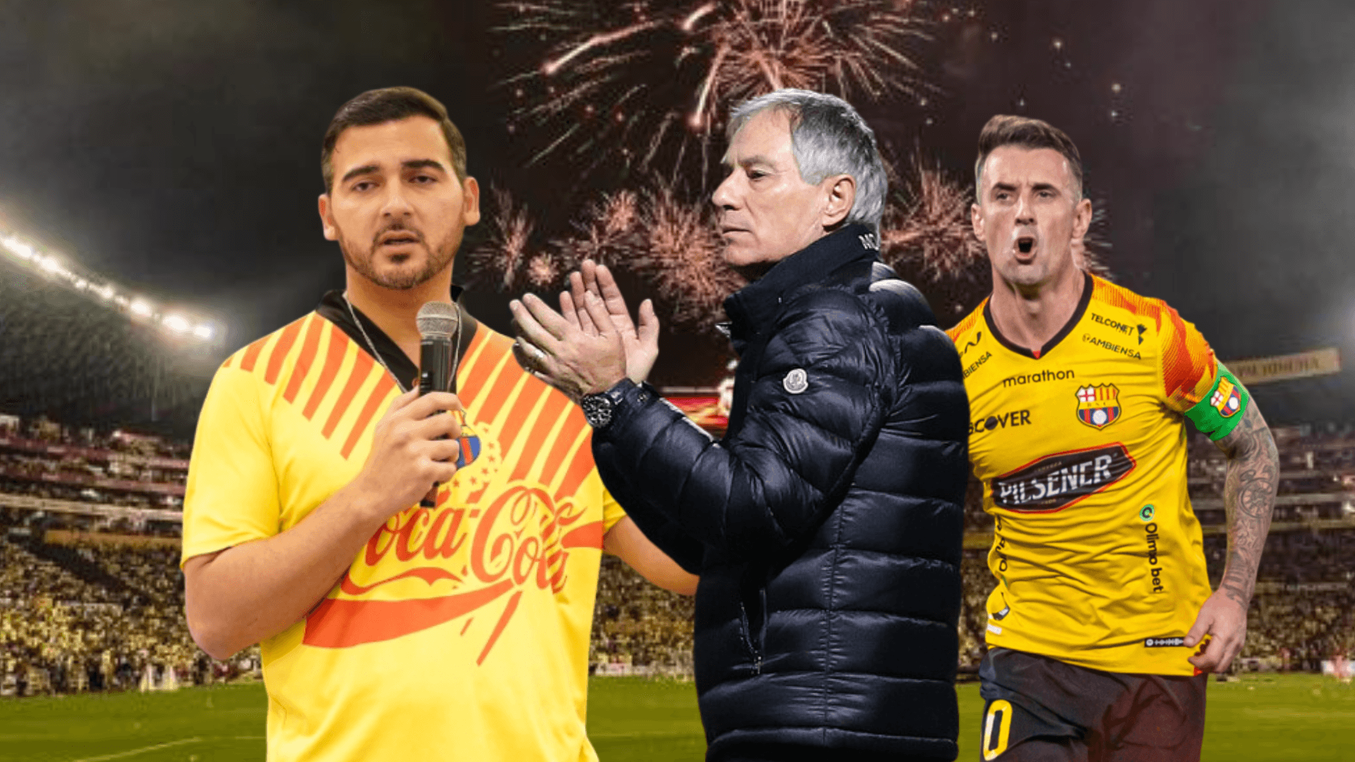 Antonio Álvarez hablando, Ariel Holan aplaudiendo, Damián Díaz gritando. Foto tomada de: Barcelona SC