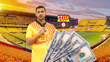 Antonio Álvarez hablando, escudo Barcelona SC, dinero. Foto tomada de: Primicias/API